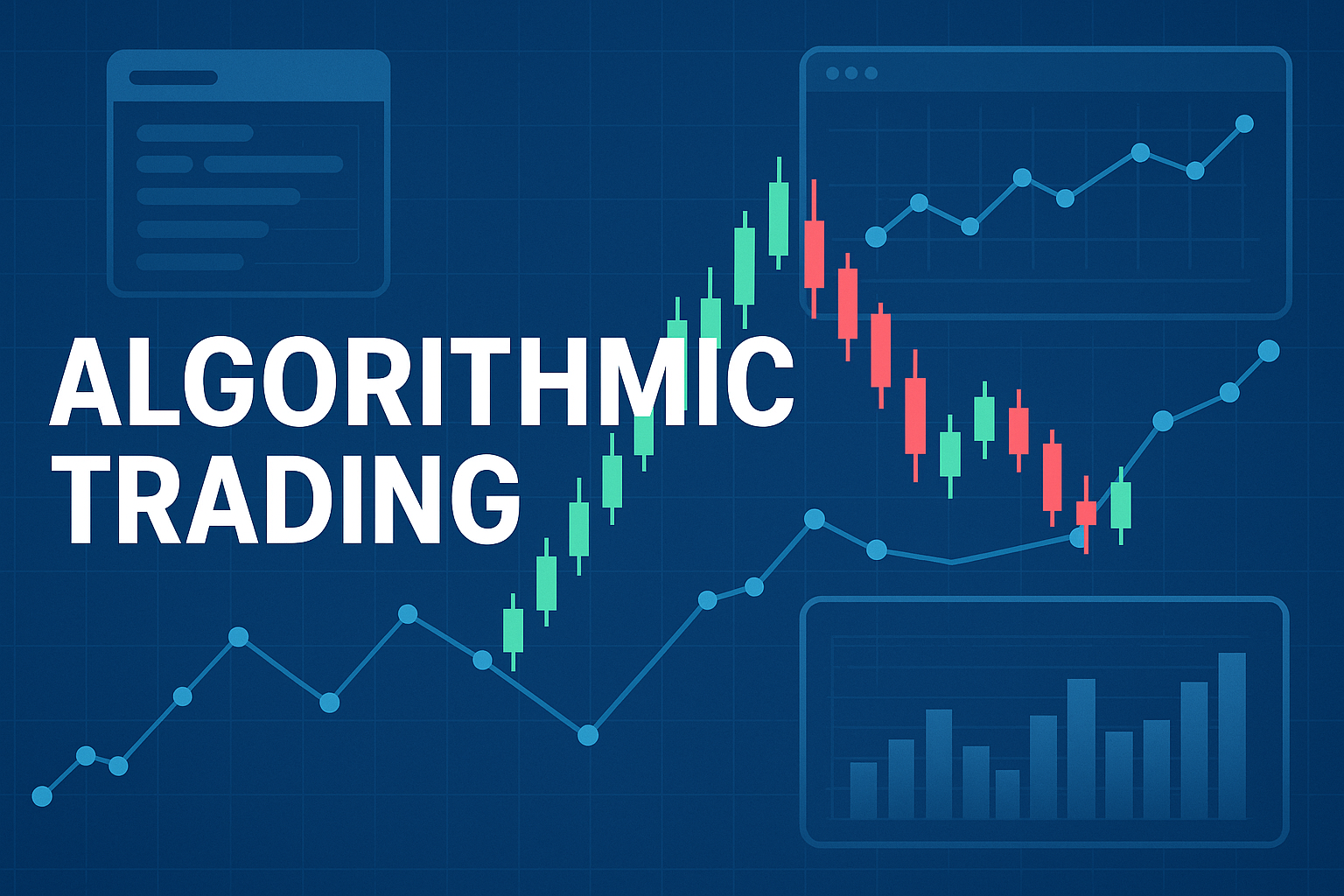 Алгоритмическая торговля - визуальная концепция выбора и запуска trading-фреймворков с графиками, монитором, ноутбуком и трейдером за рабочим столом