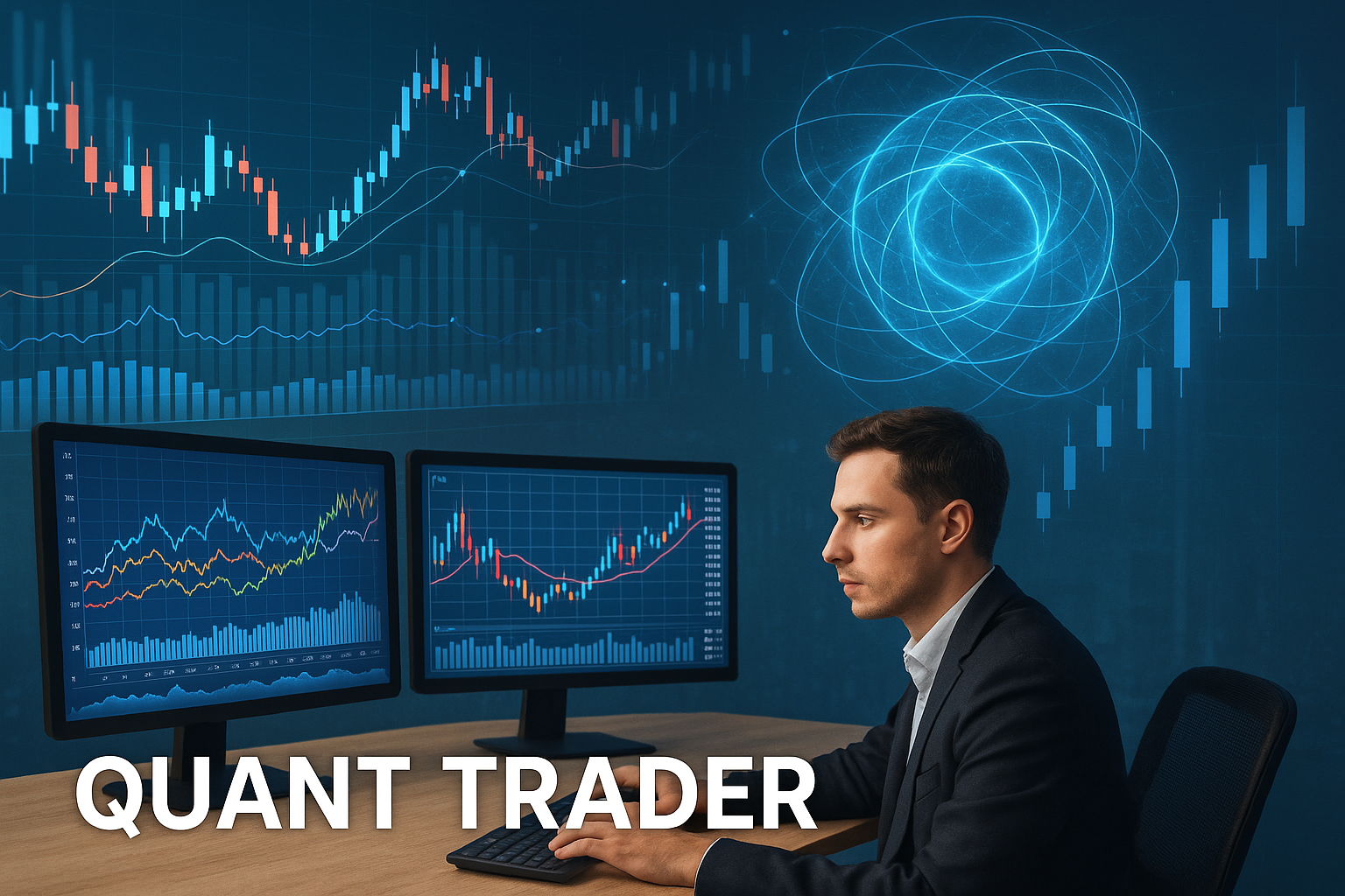 Квант-трейдер за рабочим местом с графиками и мониторами